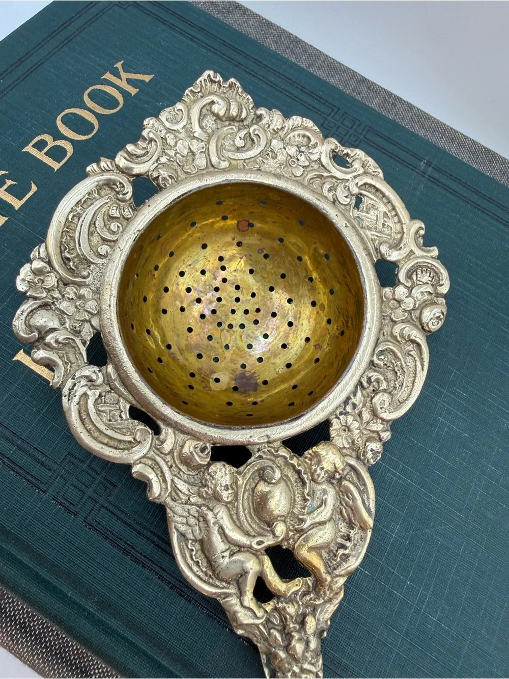 Antique Metal Tea Stainer Ornate Design with Cherubs